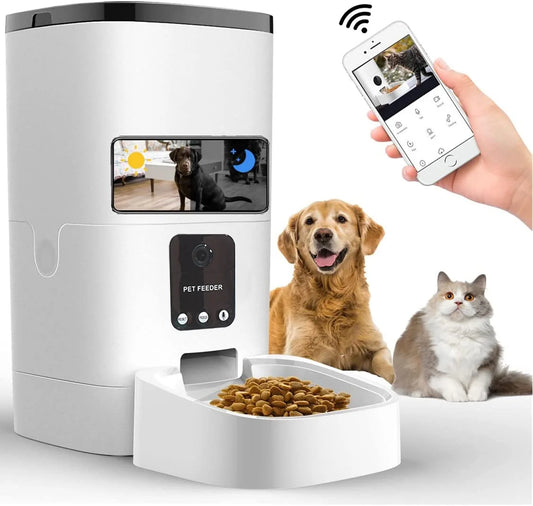 Automatic 6L Pet Feeder with 1080P Camera, App Control, Voice Recording, Timed Feeding, Dual Power Supply, and Wi-Fi Connectivity for Cats and Dogs